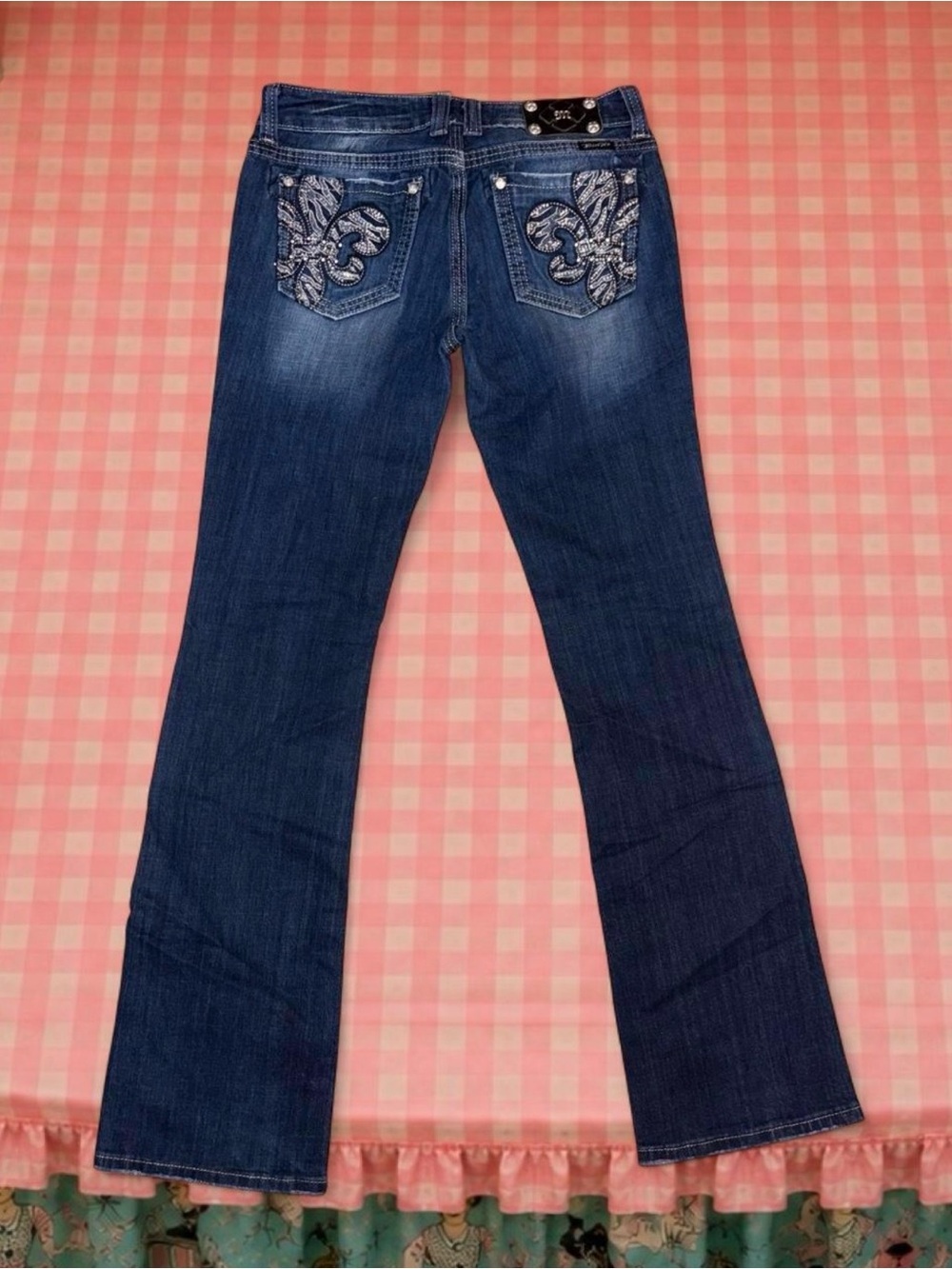 Miss Me Dark Blue Bootcut Jeans with Embroidered Fleur-de-Lis Pockets